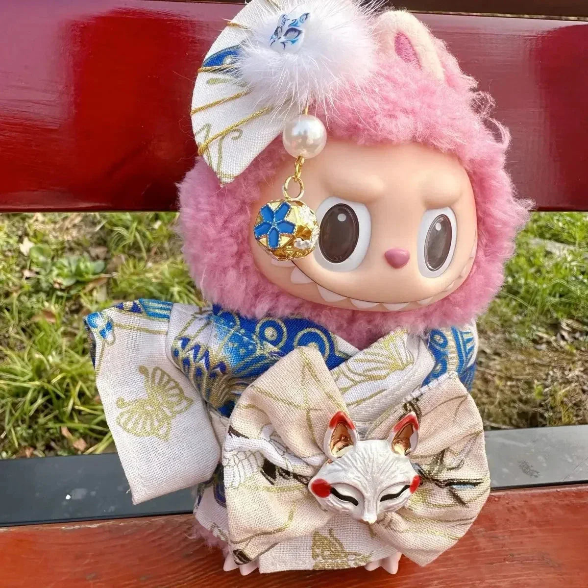 Handmade Labubu Japanese Kitsune Kimono Fan Outfit