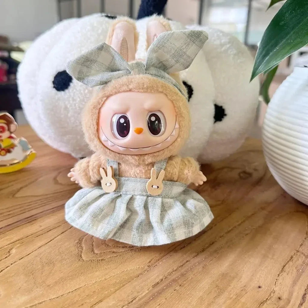 Handmade Labubu Plaid Pink Green Dress Outfit with Accessories